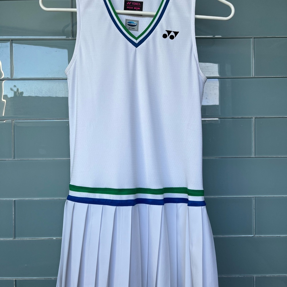 White Tennis Dress with Blue and Green Trim
